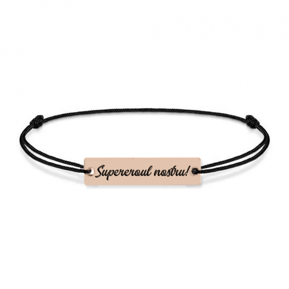 Bratara argint tablita 30 mm si snur negru - personalizata cu text - placat cu aur roz